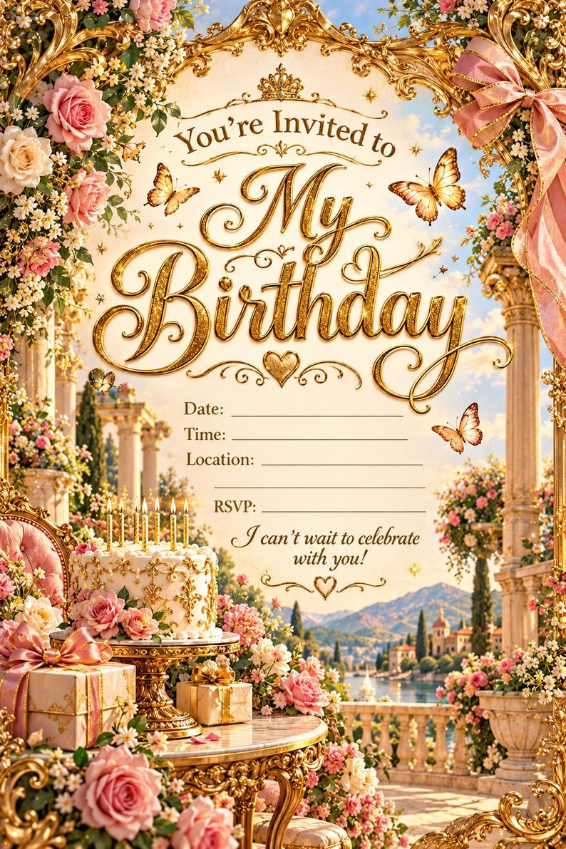 K&ouml;nnte beinhalten: Eine Geburtstagseinladungskarte mit goldenen verzierten R&auml;ndern, rosa Rosen und Schmetterlingen. Der Text lautet: You're Invited to My Birthday, Date, Time, Location, RSVP und I can't wait to celebrate with you! Ein Kuchen mit Kerzen und Geschenke.