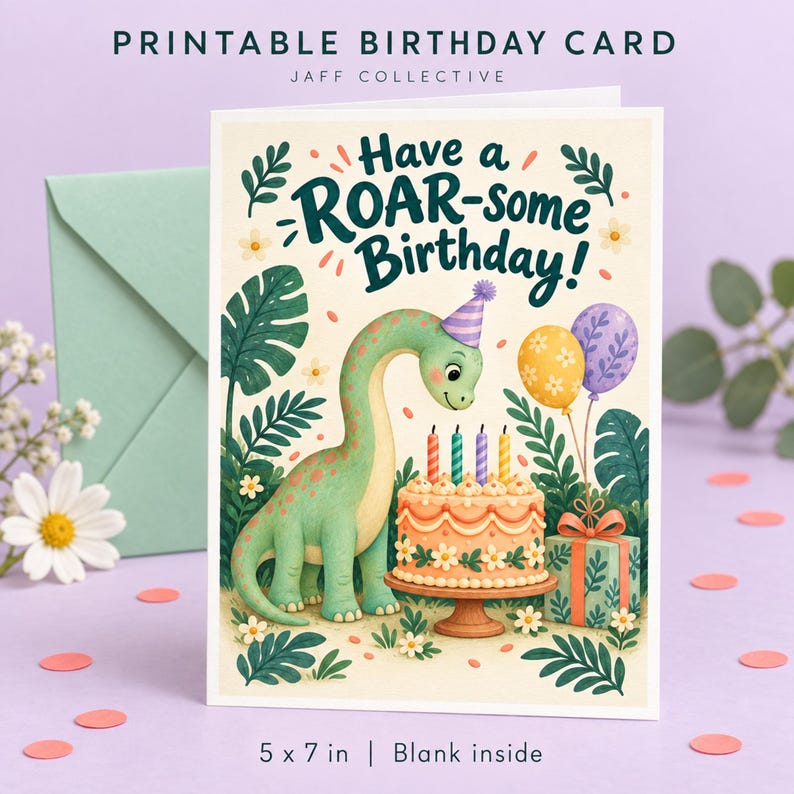 May include: A 5x7 inch printable birthday card featuring a green dinosaur wearing a purple party hat next to a decorated cake with four candles, a gift box, and balloons. The text reads Have a ROAR-some Birthday! and JAFF COLLECTIVE.