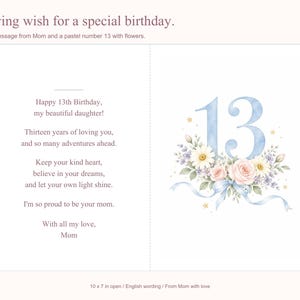 K&ouml;nnte beinhalten: Eine Gru&szlig;karte mit dem Text A loving wish for a special birthday. Die Innenseite zeigt eine Nachricht zum 13. Geburtstag neben einer gro&szlig;en blauen Zahl 13, die mit aquarellierten rosa Rosen, wei&szlig;en G&auml;nsebl&uuml;mchen und blauen Schleifen verziert ist.