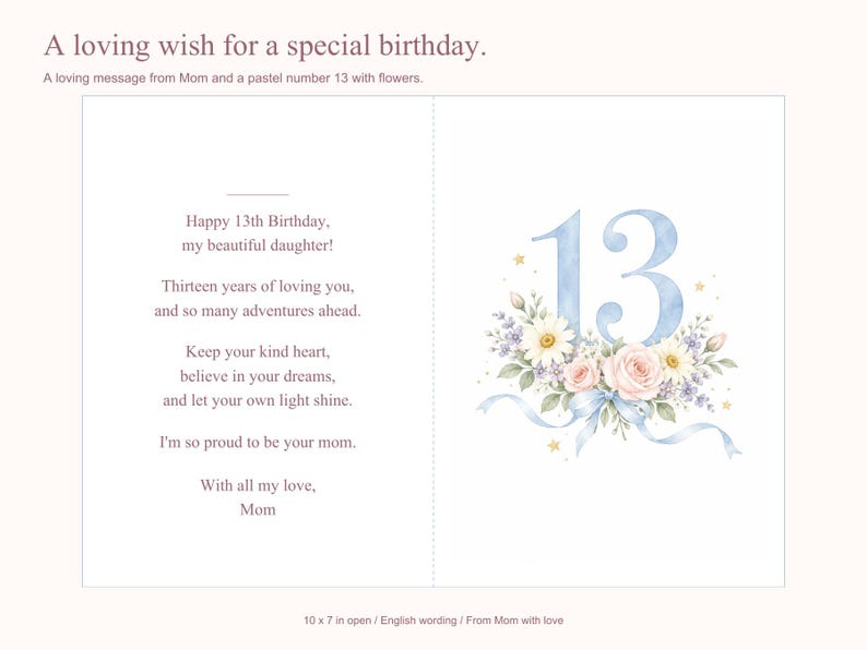 K&ouml;nnte beinhalten: Eine Gru&szlig;karte mit dem Text A loving wish for a special birthday. Die Innenseite zeigt eine Nachricht zum 13. Geburtstag neben einer gro&szlig;en blauen Zahl 13, die mit aquarellierten rosa Rosen, wei&szlig;en G&auml;nsebl&uuml;mchen und blauen Schleifen verziert ist.