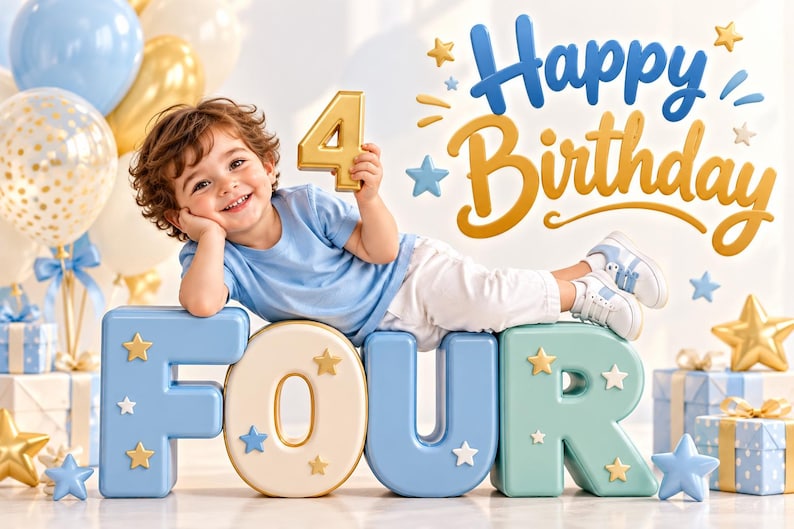 Peut inclure: Un enfant portant un t-shirt bleu clair et un pantalon blanc, allong&eacute; sur de grandes lettres en bloc formant le mot FOUR en bleu et cr&egrave;me. L'enfant tient un chiffre 4 dor&eacute;. Le texte Happy Birthday est affich&eacute; en bleu et en dor&eacute;.
