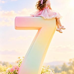 May include: A large, three-dimensional number seven with a soft pastel gradient of pink, yellow, and blue. A child with long brown hair styled with a pink bow sits on top of the number, wearing a light pink dress with lace trim and white shoes.