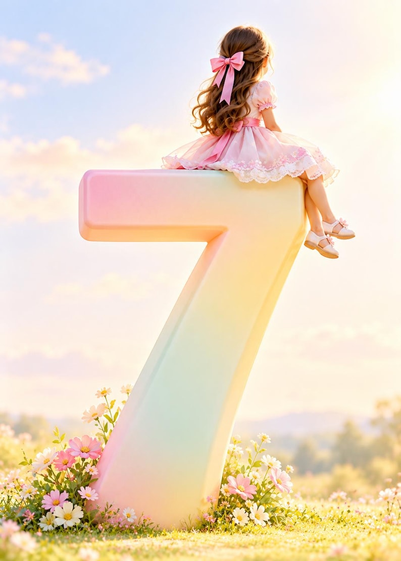 May include: A large, three-dimensional number seven with a soft pastel gradient of pink, yellow, and blue. A child with long brown hair styled with a pink bow sits on top of the number, wearing a light pink dress with lace trim and white shoes.