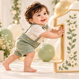 May include: A toddler with dark hair wears a white short-sleeved shirt, a small bow tie, and sage green suspender shorts. The child stands barefoot, leaning against a large, cream-colored number one prop decorated with white floral vines.