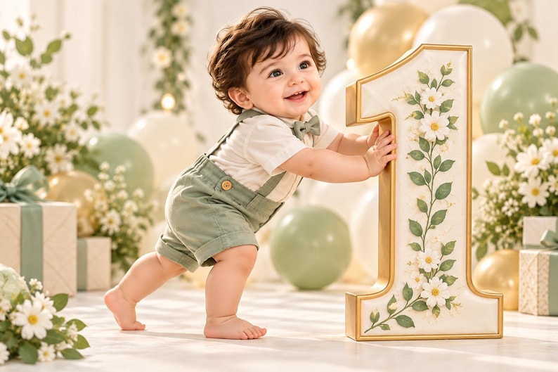 May include: A toddler with dark hair wears a white short-sleeved shirt, a small bow tie, and sage green suspender shorts. The child stands barefoot, leaning against a large, cream-colored number one prop decorated with white floral vines.