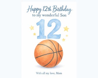 Könnte beinhalten: Eine Geburtstagskarte mit einem Aquarell-Basketball und der großen blauen Zahl 12, umgeben von gelben Sternen. Der Text lautet: JAFF COLLECTIVE / BIRTHDAY CARDS, For a wonderful son turning twelve, Happy 12th Birthday to my wonderful Son, With all my love, Mom.