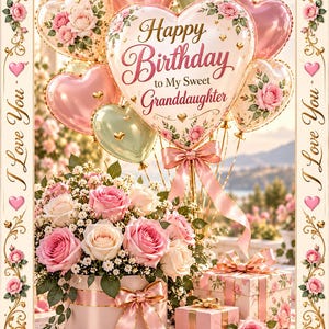 May include: A birthday greeting card featuring a central heart-shaped balloon with the text Happy Birthday to My Sweet Granddaughter, surrounded by pink and green balloons, a floral arrangement of roses in a round box, and two gift boxes.