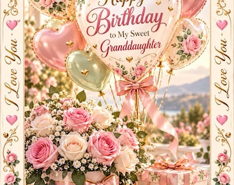 Może przedstawiać: Kartka urodzinowa z centralnym balonem w kształcie serca z napisem Happy Birthday to My Sweet Granddaughter, otoczona różowymi i zielonymi balonami, kompozycją kwiatową z róż w okrągłym pudełku oraz dwoma pudełkami prezentowymi.