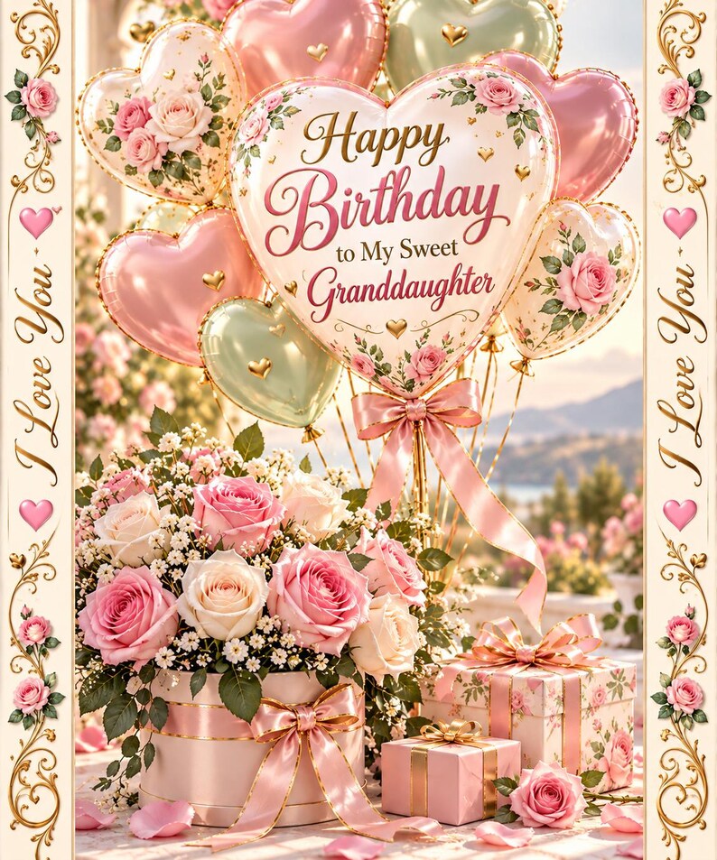 May include: A birthday greeting card featuring a central heart-shaped balloon with the text Happy Birthday to My Sweet Granddaughter, surrounded by pink and green balloons, a floral arrangement of roses in a round box, and two gift boxes.
