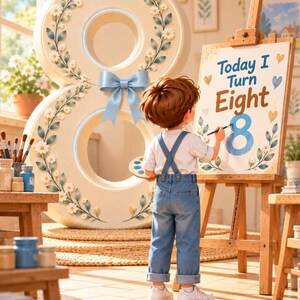 May include: A large cream-colored number eight decoration adorned with painted daisies and a light blue ribbon, standing next to a wooden easel. The easel holds a canvas with the text Today I Turn Eight and a painted blue number eight.