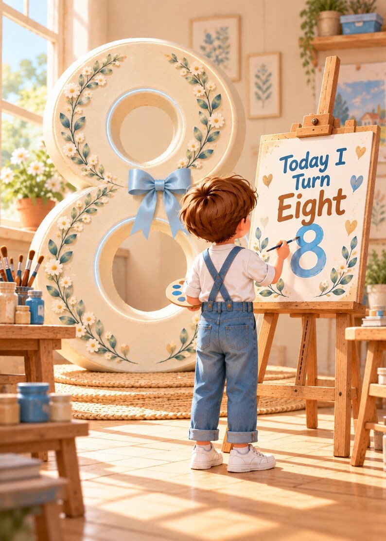 May include: A large cream-colored number eight decoration adorned with painted daisies and a light blue ribbon, standing next to a wooden easel. The easel holds a canvas with the text Today I Turn Eight and a painted blue number eight.