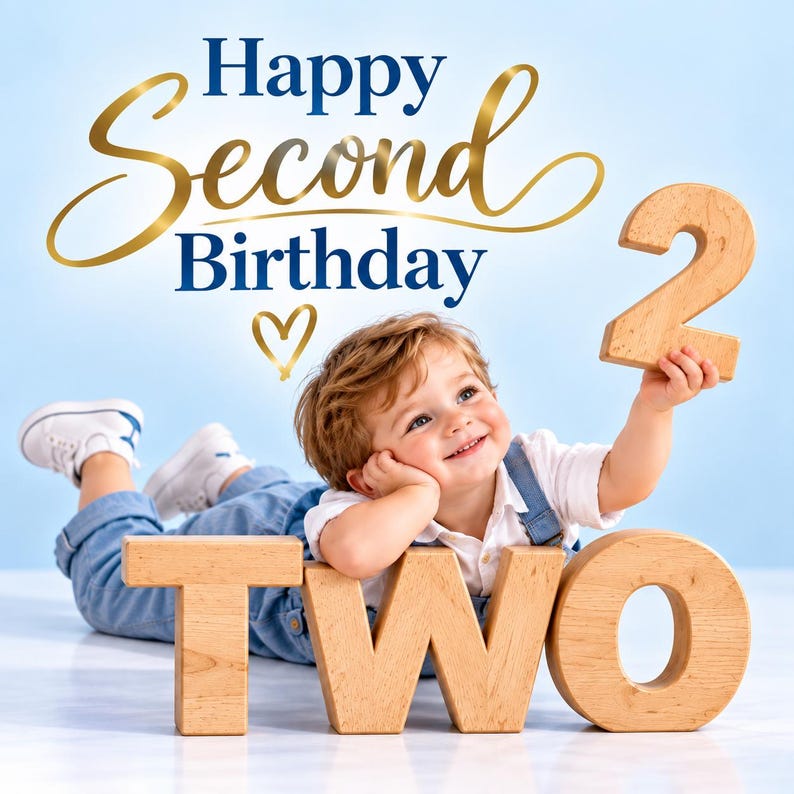 May include: A child wearing a white shirt and blue denim overalls, resting their head on one hand. Large wooden letters spell out TWO in front, while a wooden number 2 is held up. The text Happy Second Birthday is displayed in gold and blue.