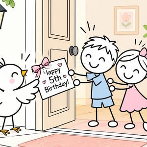 Pu&ograve; includere: Un'illustrazione a cartoni animati di un uccellino bianco che tiene un cartello con scritto Happy 5th Birthday e un fiocco rosa, vicino a una porta aperta dove si trovano un bambino stilizzato in blu e una bambina stilizzata in rosa.