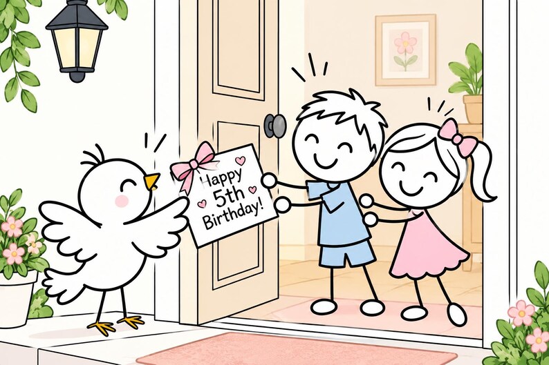 Pu&ograve; includere: Un'illustrazione a cartoni animati di un uccellino bianco che tiene un cartello con scritto Happy 5th Birthday e un fiocco rosa, vicino a una porta aperta dove si trovano un bambino stilizzato in blu e una bambina stilizzata in rosa.