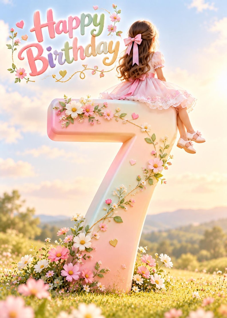 May include: A large, pastel-colored number seven decorated with pink and white flowers, featuring a child in a pink dress sitting on top. The text Happy Birthday is displayed in colorful, stylized lettering above the number in this scene.