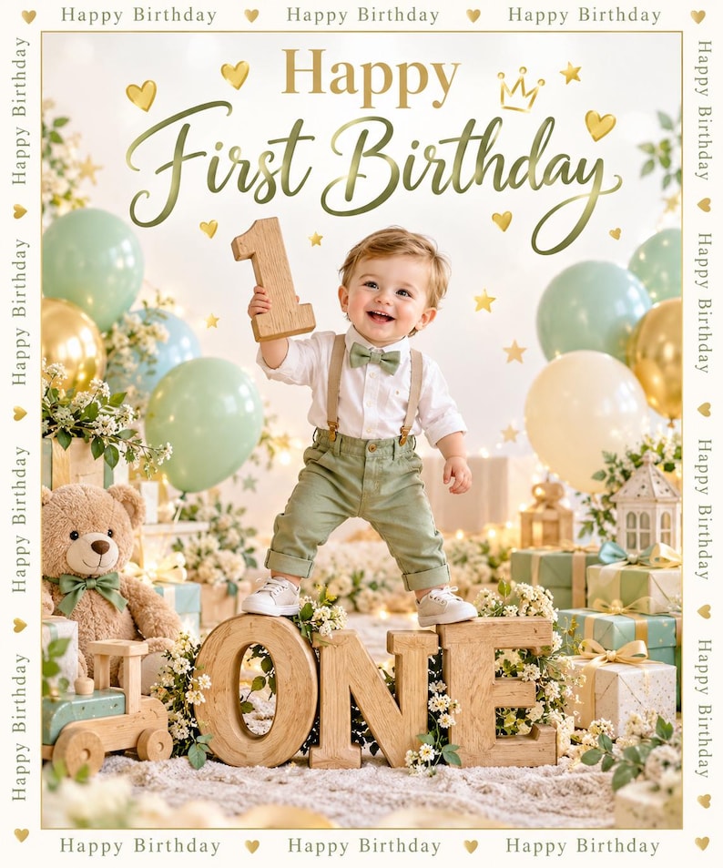 May include: A first birthday party backdrop featuring a child in a white shirt, green trousers, and a bow tie, holding a wooden number one. The scene includes sage green and gold balloons, a teddy bear, gift boxes, and large wooden letters spelling ONE.