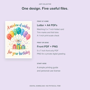 May include: A digital birthday card design featuring colorful balloons and gift boxes with the text A rainbow of wishes for your birthday. The file set includes Letter and A4 PDFs, a 5 by 7 inch folded card, a 5 by 7 inch front PDF, and a PNG.