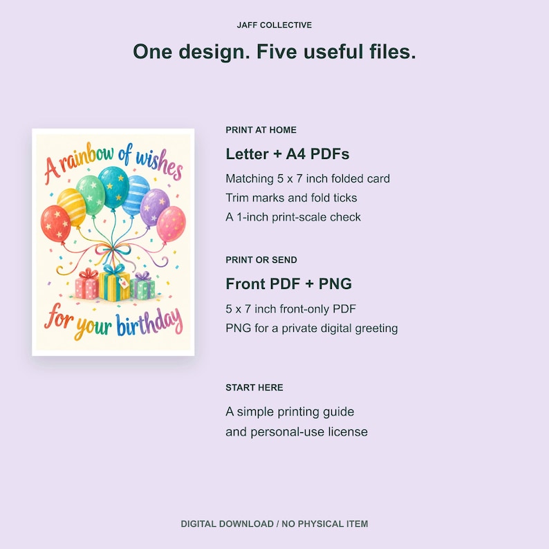 May include: A digital birthday card design featuring colorful balloons and gift boxes with the text A rainbow of wishes for your birthday. The file set includes Letter and A4 PDFs, a 5 by 7 inch folded card, a 5 by 7 inch front PDF, and a PNG.