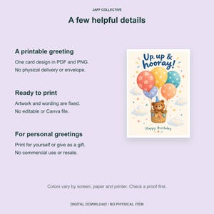 May include: A digital greeting card design featuring a brown bear wearing a blue party hat in a wicker hot air balloon basket. The balloon is lifted by red, yellow, blue, and orange balloons. Text reads Up, up & hooray! and Happy Birthday.