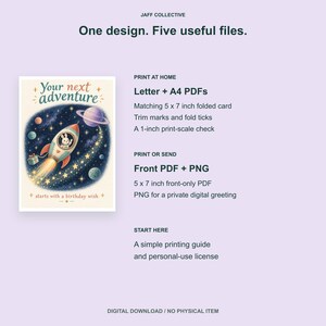 May include: A digital download product listing for a birthday card featuring a space-themed illustration of a rabbit in a rocket ship. The text reads Your next adventure starts with a birthday wish. Includes Letter and A4 PDFs, 5 by 7 inch files, a 1-inch print-scale check, and a PNG file.