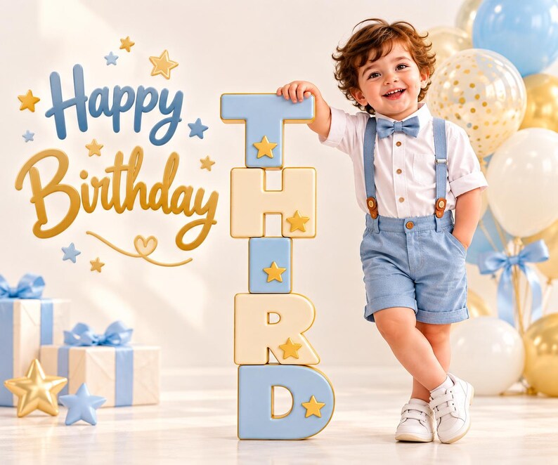 May include: A toddler wearing a white button-down shirt, a light blue bowtie, light blue suspenders, and matching shorts, standing next to a vertical stack of light blue and cream-colored blocks spelling the word THIRD with gold star accents.