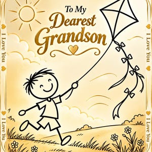 May include: A gold-toned greeting card featuring a line-art illustration of a child running while flying a kite. The text reads To My Dearest Grandson and I Love You. The design includes a sun, clouds, flowers, and a decorative border with hearts.
