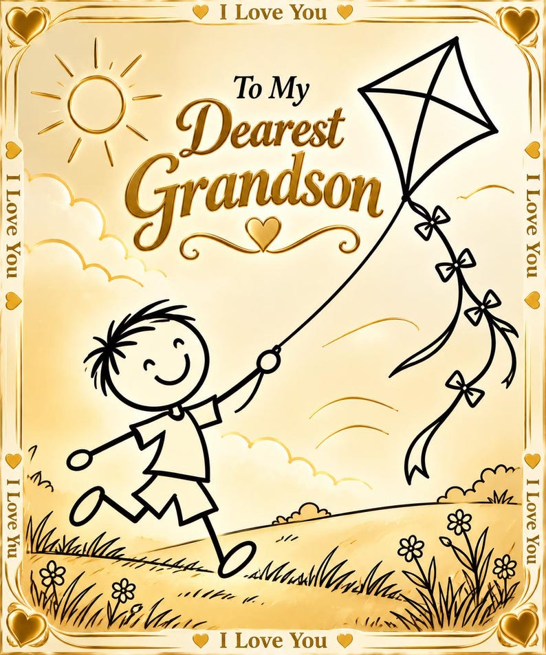 May include: A gold-toned greeting card featuring a line-art illustration of a child running while flying a kite. The text reads To My Dearest Grandson and I Love You. The design includes a sun, clouds, flowers, and a decorative border with hearts.