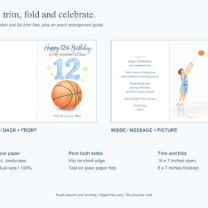 May include: A printable 5 x 7 inch birthday card design featuring a basketball theme. The front displays a large blue number 12, a basketball, and the text Happy 12th Birthday to my wonderful Son. The inside includes a poem and a basketball player.