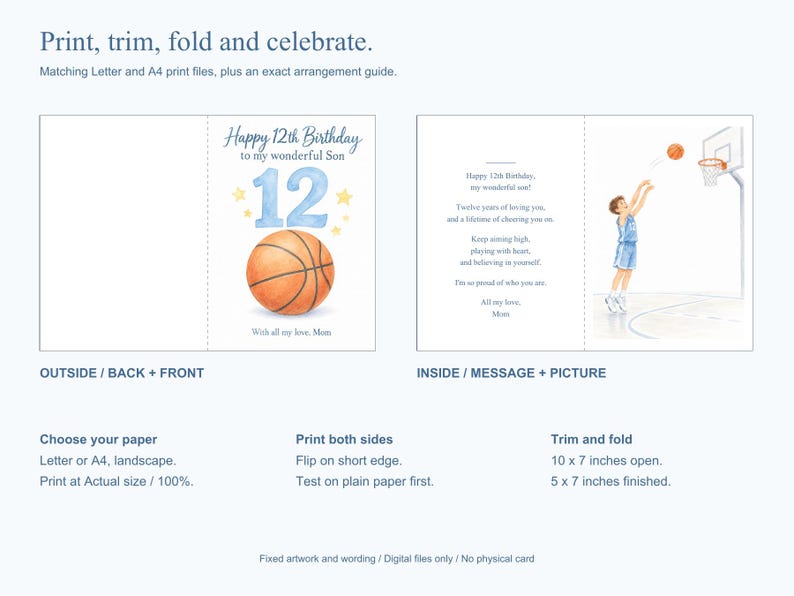 May include: A printable 5 x 7 inch birthday card design featuring a basketball theme. The front displays a large blue number 12, a basketball, and the text Happy 12th Birthday to my wonderful Son. The inside includes a poem and a basketball player.