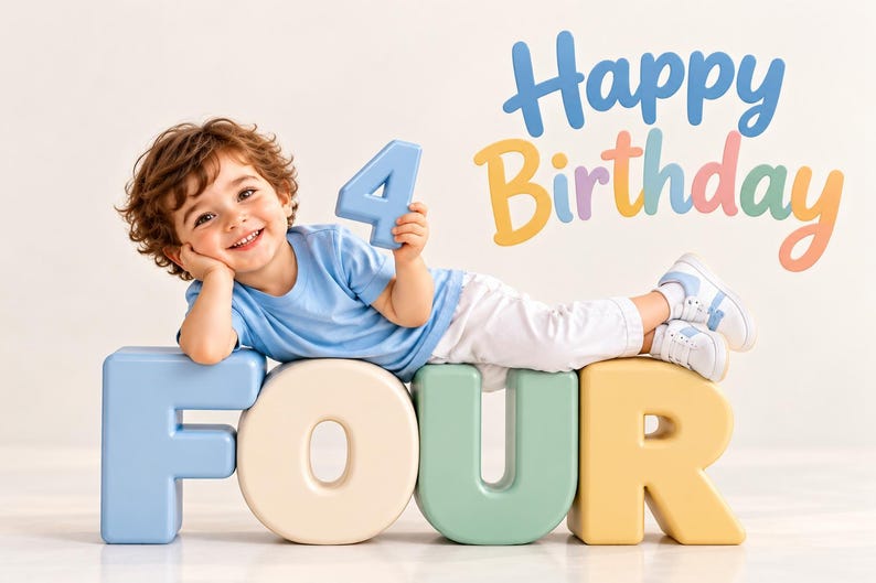 Peut inclure: Un enfant portant un t-shirt bleu clair et un pantalon blanc, allong&eacute; sur de grandes lettres en bloc de couleur pastel formant le mot FOUR. L'enfant tient un chiffre 4 bleu clair. Le texte Happy Birthday est &eacute;crit en lettres arrondies color&eacute;es.