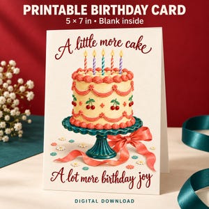May include: A printable birthday card measuring 5 x 7 inches with a blank inside. The front features a cream-colored cake on a teal pedestal with red cherries, pink frosting, and five lit candles. Text reads: A little more cake, A lot more birthday joy.
