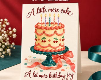 Könnte beinhalten: Eine druckbare Geburtstagskarte im Format 12,7 x 17,8 cm mit leerer Innenseite. Die Vorderseite zeigt eine cremefarbene Torte auf einem türkisfarbenen Ständer mit roten Kirschen, rosa Glasur und fünf brennenden Kerzen. Text: A little more cake, A lot more birthday joy.