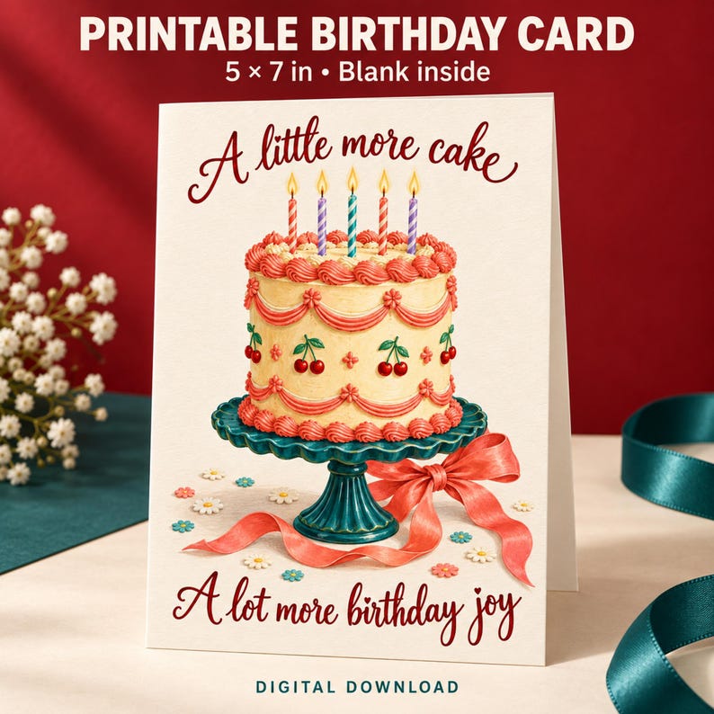 May include: A printable birthday card measuring 5 x 7 inches with a blank inside. The front features a cream-colored cake on a teal pedestal with red cherries, pink frosting, and five lit candles. Text reads: A little more cake, A lot more birthday joy.