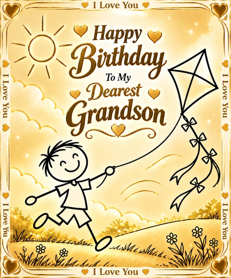 May include: A gold-toned birthday card featuring a stick figure child flying a kite in a field. The text reads Happy Birthday To My Dearest Grandson, with I Love You printed in the border. The design includes a sun, clouds, and small hearts.