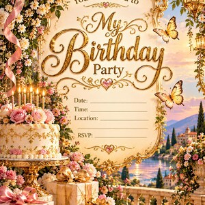 K&ouml;nnte beinhalten: Eine Geburtstagseinladungskarte mit einem goldenen, verzierten Rahmen und dem Text You're Invited to My Birthday Party, Date, Time, Location und RSVP. Das Design zeigt eine Torte mit Kerzen, Geschenke, rosa Rosen und Schmetterlinge.