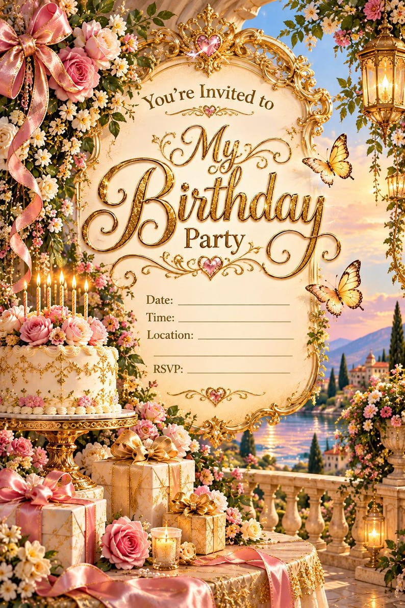 K&ouml;nnte beinhalten: Eine Geburtstagseinladungskarte mit einem goldenen, verzierten Rahmen und dem Text You're Invited to My Birthday Party, Date, Time, Location und RSVP. Das Design zeigt eine Torte mit Kerzen, Geschenke, rosa Rosen und Schmetterlinge.