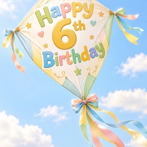 May include: A diamond-shaped kite featuring the text Happy 6th Birthday in pastel colors. The kite is decorated with small stars and hearts, and adorned with long, flowing ribbons in shades of pink, yellow, and blue attached to the corners.
