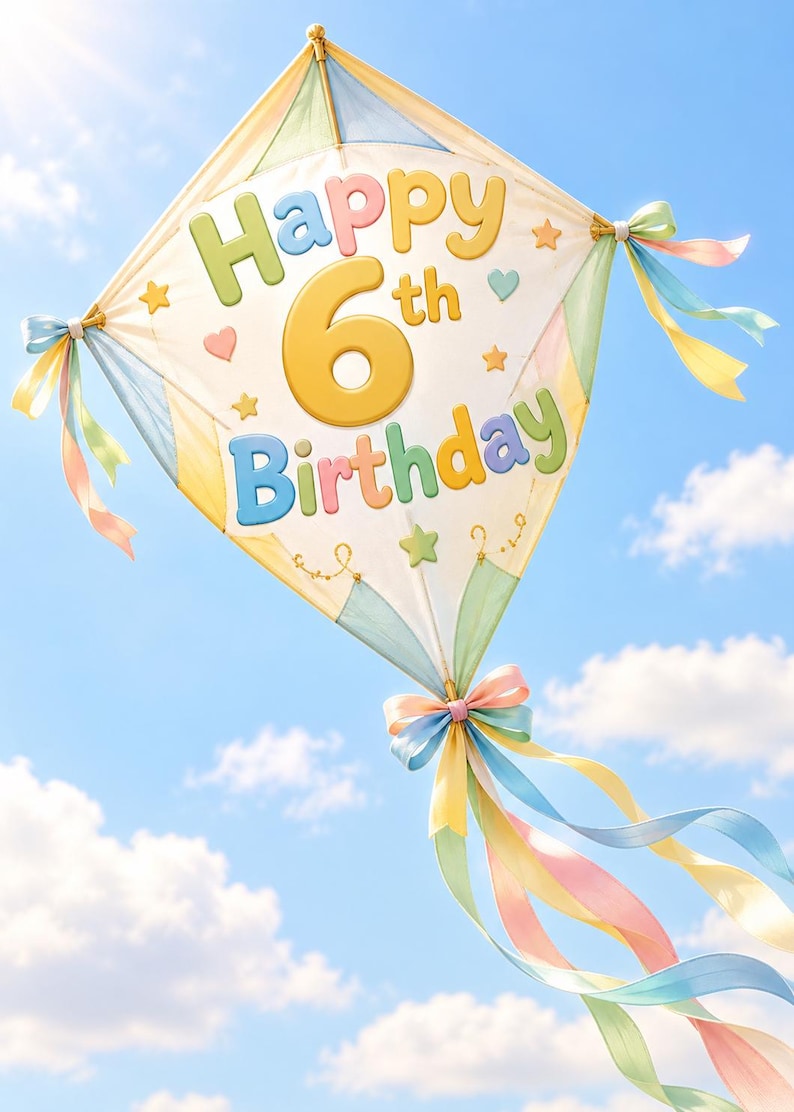 May include: A diamond-shaped kite featuring the text Happy 6th Birthday in pastel colors. The kite is decorated with small stars and hearts, and adorned with long, flowing ribbons in shades of pink, yellow, and blue attached to the corners.