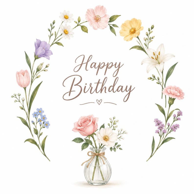 May include: A watercolor illustration featuring a circular wreath of assorted colorful flowers including roses, daisies, and lilies. In the center, the text reads Happy Birthday with a small heart. A glass vase with a pink rose and white flower sits below.