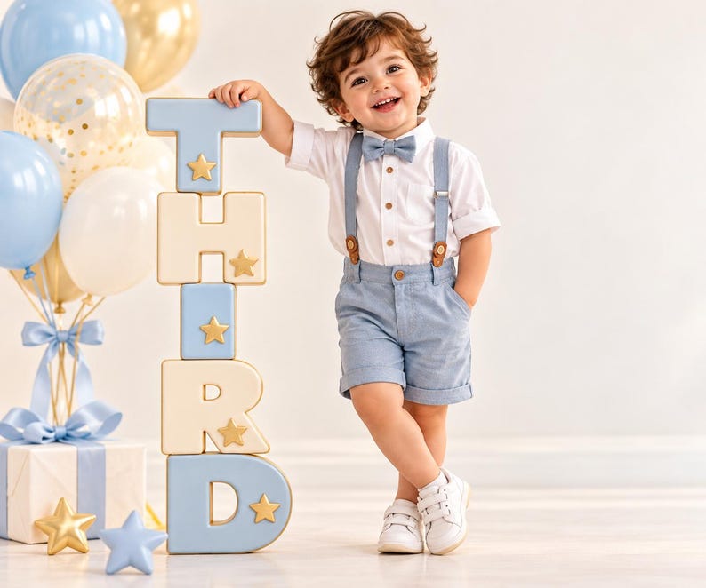 May include: A white button-down shirt, light blue shorts with matching suspenders, and a light blue bow tie. A stack of block letters spelling THIRD in light blue and cream with gold star accents stands beside the outfit, with balloons.