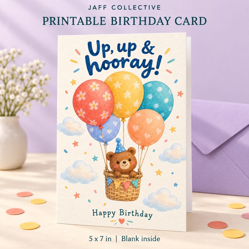 May include: A printable birthday card featuring a brown bear in a wicker basket attached to colorful balloons with the text Up, up & hooray! and Happy Birthday. The card is 5 x 7 inches and displays a whimsical illustration of balloons and clouds.