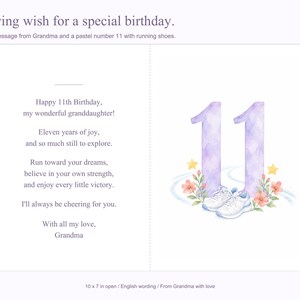 May include: A greeting card featuring the text A loving wish for a special birthday and a message from Grandma. The card displays a large purple watercolor number 11, white running shoes, small pink flowers, and yellow stars on a white background.