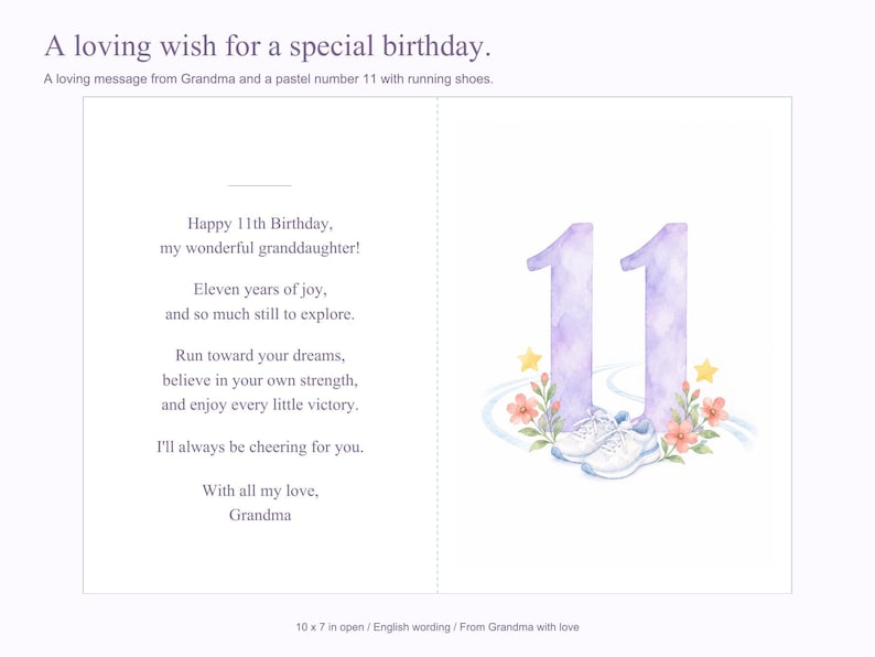May include: A greeting card featuring the text A loving wish for a special birthday and a message from Grandma. The card displays a large purple watercolor number 11, white running shoes, small pink flowers, and yellow stars on a white background.