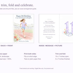 May include: A digital birthday card template for an 11-year-old granddaughter featuring a running track illustration, a girl in athletic wear, and the text Happy 11th Birthday. The layout includes front, back, and inside panels with printed instructions.