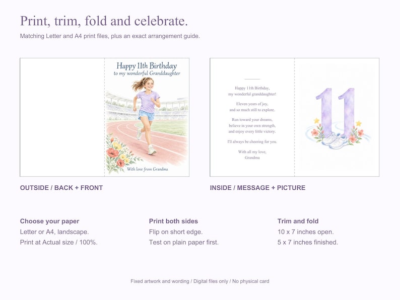 May include: A digital birthday card template for an 11-year-old granddaughter featuring a running track illustration, a girl in athletic wear, and the text Happy 11th Birthday. The layout includes front, back, and inside panels with printed instructions.