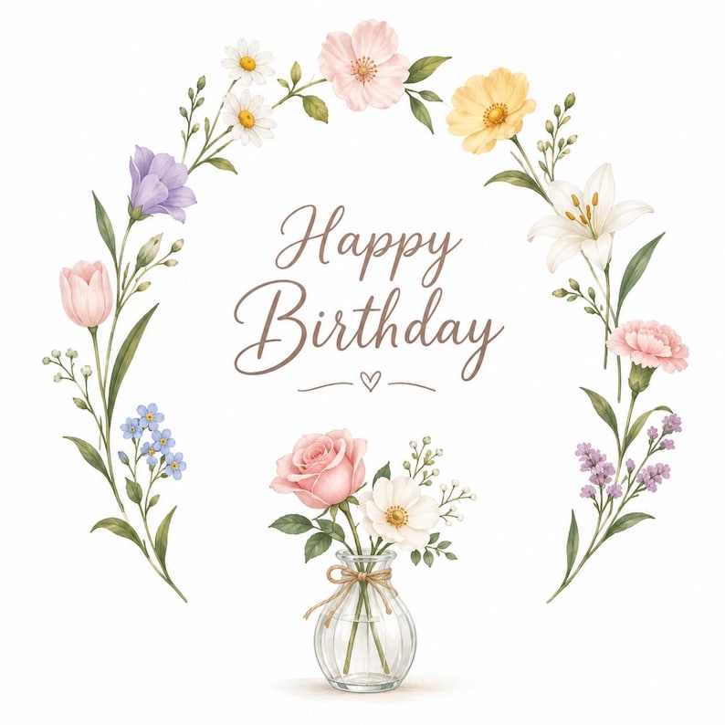 May include: A watercolour illustration featuring a circular wreath of assorted colourful flowers including roses, daisies, and lilies. In the centre, the text reads Happy Birthday with a small heart. A glass vase with a pink rose and white flower sits below.