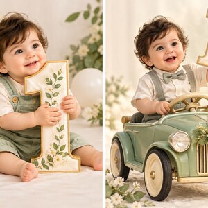 May include: A toddler wearing sage green overalls and a white shirt, holding a large number one prop decorated with green leaves and white flowers. The child is also shown sitting in a vintage-style sage green toy car with floral accents.