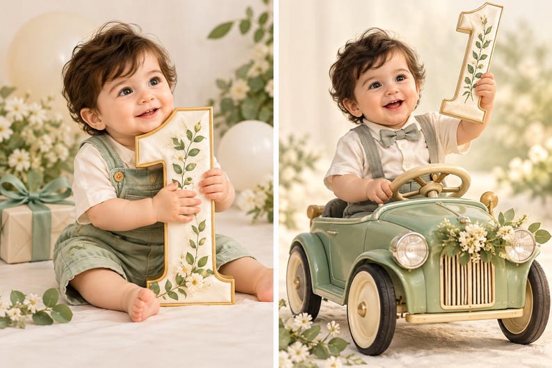 May include: A toddler wearing sage green overalls and a white shirt, holding a large number one prop decorated with green leaves and white flowers. The child is also shown sitting in a vintage-style sage green toy car with floral accents.