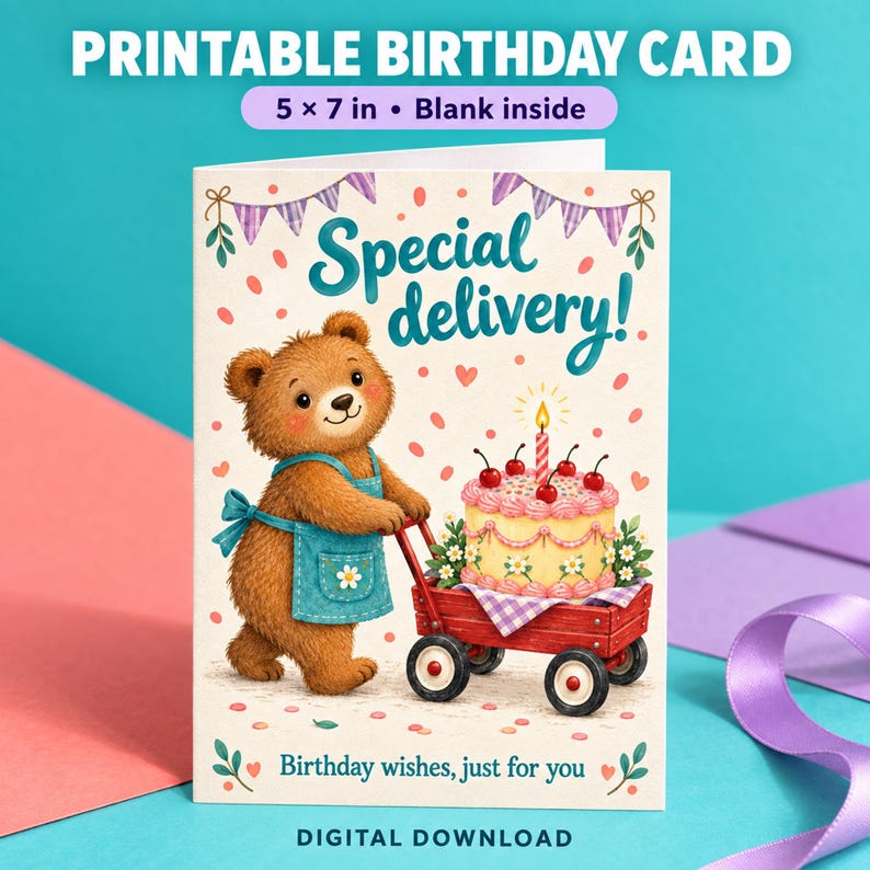 May include: A printable birthday card measuring 5 x 7 inches with a brown bear wearing a blue apron pulling a red wagon containing a cake with cherries and a candle. The text reads Special delivery! and Birthday wishes, just for you.