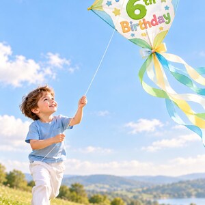 May include: A diamond-shaped kite featuring the text Happy 6th Birthday in blue, green, and orange lettering. The kite is decorated with small yellow and blue stars, and it has long, flowing ribbons in shades of blue, green, and yellow.